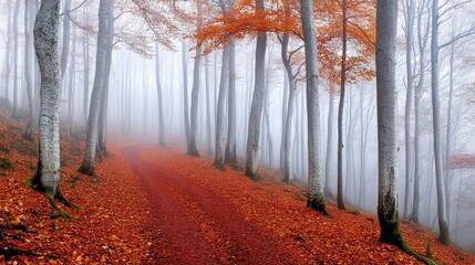 Obraz premium A misty forest path covered in vibrant autumn leaves.