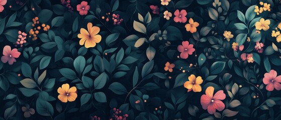 Obraz premium Dark floral background wallpaper design with multicolor flowers and leaves