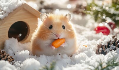 Winter Hamster Eating Carrot