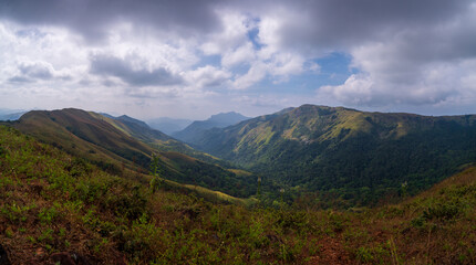 Panoramic view of the green mountains and hills