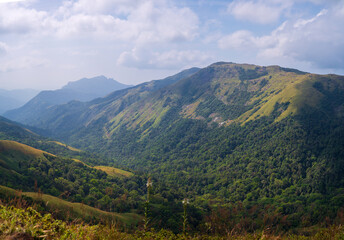 Fototapeta premium Panoramic view of the green mountains and hills