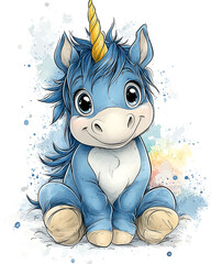 Obraz premium A blue unicorn with a blue horn is sitting on a white background