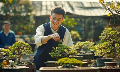 A young man meticulously tends to a collection of bonsai trees in a sunlit nursery.