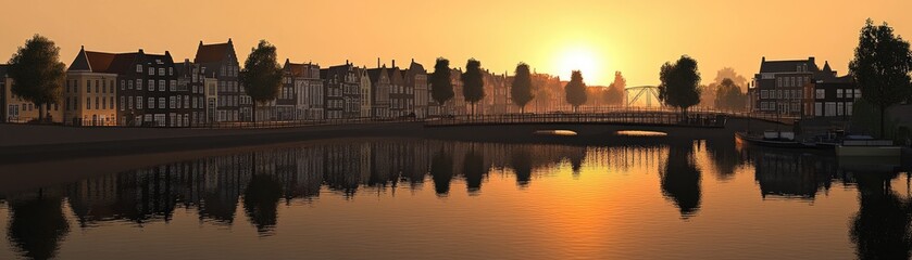 Fototapeta premium A serene sunset over a riverside town, reflecting buildings and trees in calm waters.
