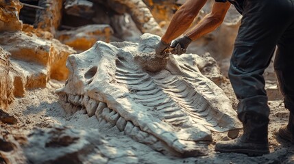 A person excavates a large fossilized skull, revealing its intricate rib structure.
