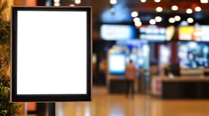 Blank showcase billboard or advertising light box for your text message or media content with blurred image of ticket sales counter at movie theater, advertisement, marketing, entertainment concept