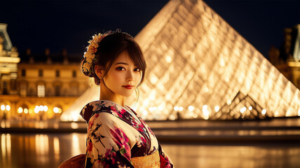 Fototapeta premium ルーブル美術館のライトアップと着物姿の女性が織りなす夜の美