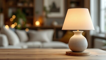 A top-down view of a nightstand in a hotel room with a cozy, blurred background, providing an empty wooden surface for product display and customization in a flawless, generative setting