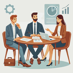 Partners meeting for business discussion with documents and laptop on desk. Couple at round table, speaking, discussing work, partnership. Flat vector illustration isolated on white background