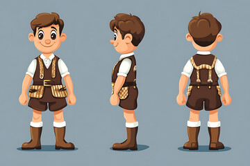 Naklejka premium A cartoon-style boy character design in traditional outfit, showcasing different angles.