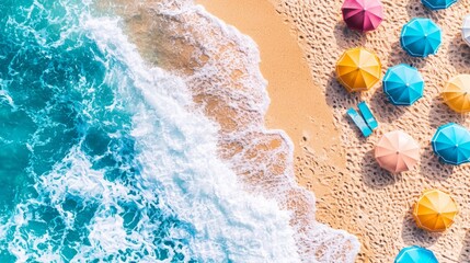 Fototapeta premium Summer Beach Scene Turquoise Waves Colorful Umbrellas Sandy Shore