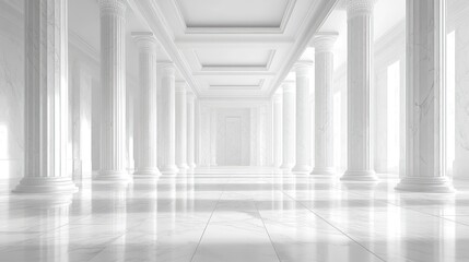 White marble hall with columns, light from windows, empty space.