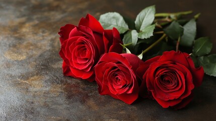 Three vibrant red roses with lush green leaves on a textured surface.