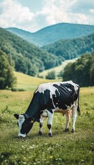 Fototapeta premium A grazing cow in a lush green landscape with rolling hills in the background.