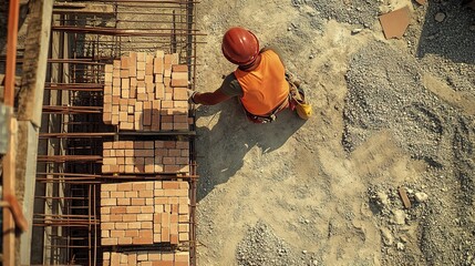 Worker Laying Bricks at Construction Site from Above Angle
