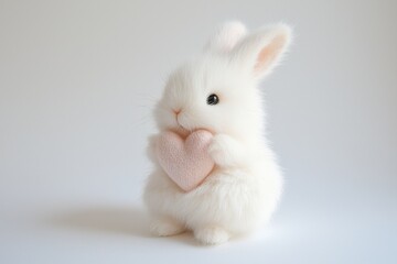 A fluffy white bunny holds a pink heart, exuding charm and sweetness, perfect for expressing love and affection.
