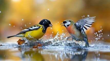 Fototapeta premium Dispute of eurasian siskin, spinus spinus, and great tit, parus major, in autumnal nature. Conflict of passerine birds with colorful feathers over water in lake