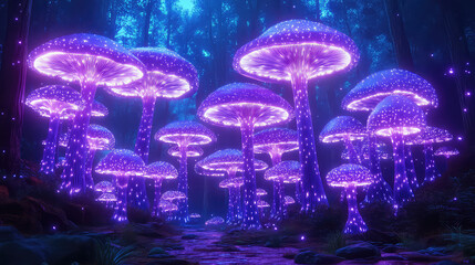 Obraz premium Glowing Neon Mushroom Forest 3D Illustration