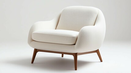 Fototapeta premium white armchair in minimalist interior, modern white armchair with wooden legs, cozy white armchair for stylish minimalist space ,Cozy White Armchair for Scandinavian Minimalist Room 