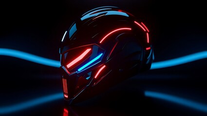 Naklejka premium Futuristic helmet with glowing red and blue lights against a dark background.