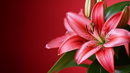 A vibrant pink lily flower against a rich red background, symbolizing beauty and elegance.