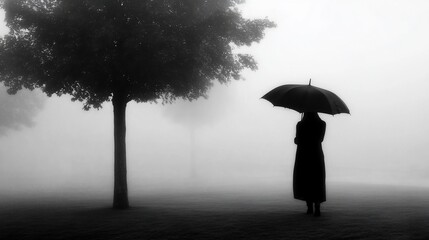 Woman, umbrella, foggy park, solitude, melancholy mood