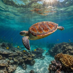 Obraz premium A vibrant sea turtle swimming gracefully in crystal-clear turquoise waters surrounded by colorful coral reefs, with sunlight streaming through the water, creating dappled patterns on the turtle's shel