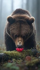 Obraz premium A bear curiously inspects a vibrant red flower on a mossy log in a misty forest.