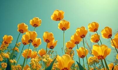 Obraz premium Yellow tulips, sunny sky, garden, spring