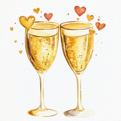 Two champagne glasses clink together, surrounded by colorful hearts, symbolizing celebration and romance.
