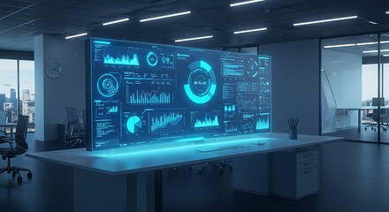 Futuristic Office Holographic Data Display Business Analytics Modern Workplace