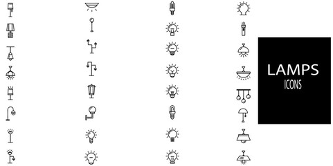 Lamps simple concept 32 icons set. Contains such bulb, lamp, flashlight, LED, chandelier, spotlight and lighter .Vector illustration.