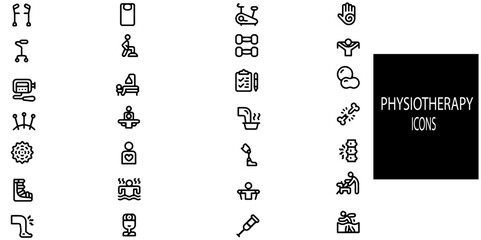 Physiotherapy simple concept 28 icons set. Contains such early exercise, aerobic, free time, physiotherapy .Vector illustration.