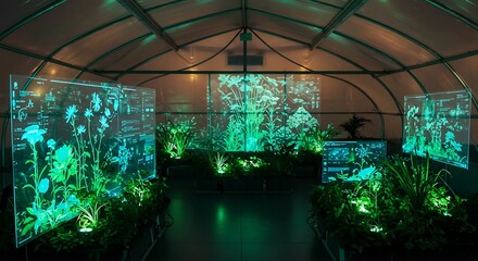 Futuristic Greenhouse Illuminated Plants Botanical Tech Display