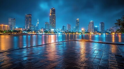 Naklejka premium Stunning Bangkok Urban Skyline Night View with Reflections