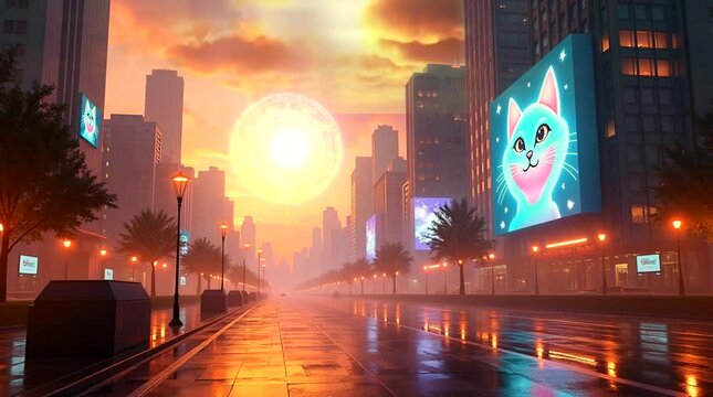 Wet city street at sunset with giant billboard of a cat and a bright celestial body in the background.