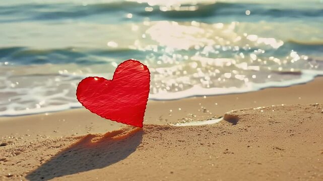 A red art shaped stick embedded in sandy beach surroundings soft sea waves video background evoking romance sunny  