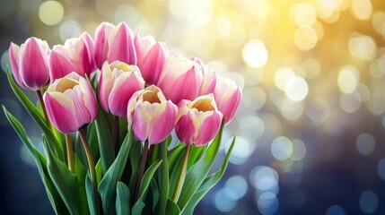 Obraz premium A bouquet of pink and white tulips against a blurred, colorful background.