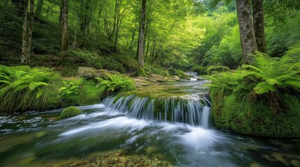 Obraz premium A stream of water flows through a lush green forest