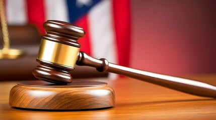 Courtroom scene featuring a judge's gavel on the desk, symbolizing justice, authority, and the administration of the law in a formal legal setting