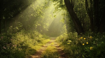 Obraz premium A path through a forest with sunlight shining through the trees
