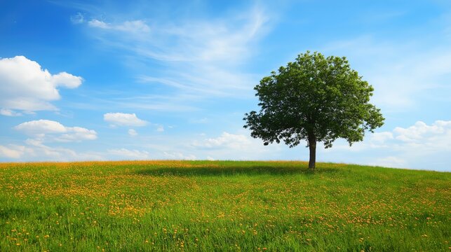 A tree is standing in a field of grass