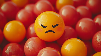 image featuring an angry yellow sphere with emoticon expression contrasts vivid red spheres in striking abstract digital art illustration focusing on emotion and color dynamics