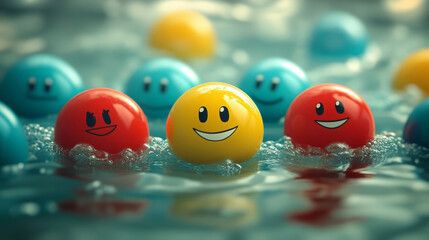 3d rendered abstract art of colorful smiley face balls floating in bubbly water with cheerful emoticons and vibrant liquid texture for positive emotion and joyful imagery
