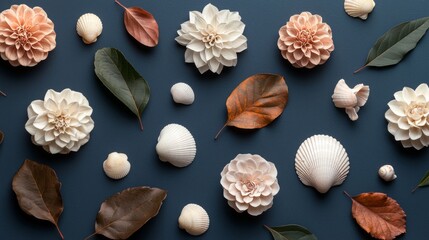 Autumn Floral Flatlay Shells Leaves Dahlias on Dark Blue