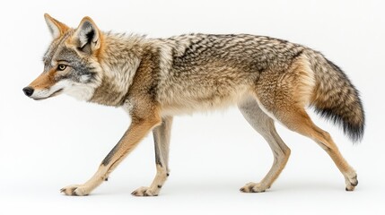 A side view of a coyote walking gracefully across a white background.