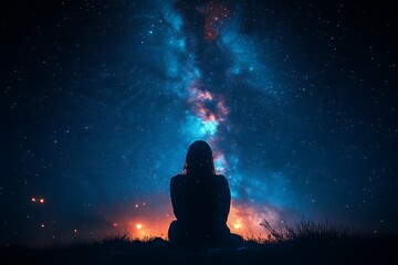 Woman silhouetted against a vibrant night sky, gazing at the Milky Way.