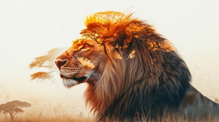 Naklejka premium double exposure effect of an lion and savana jungle. World wildlife day