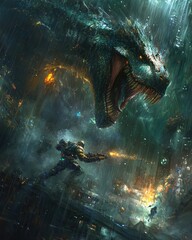 A futuristic battle scene featuring a giant creature and a soldier in a chaotic environment.