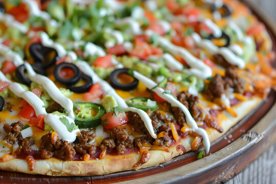 Mexican pizza with taco meat, seasoned beans, jalapenos, and creamy avocado sauce drizzle